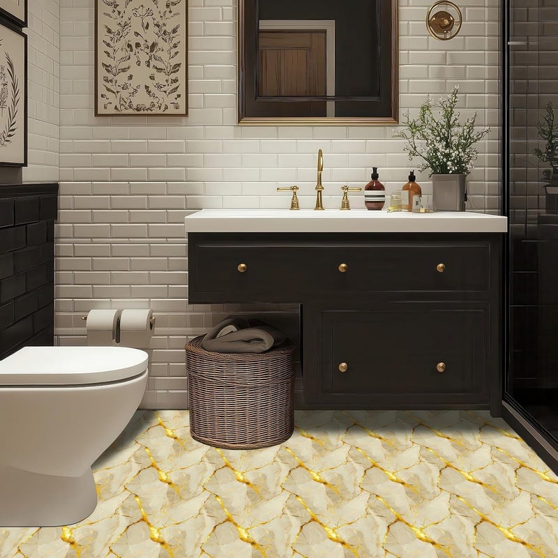 HOMETITUTE 10 قطع بلاط أرضيات بتصميم رخامي ذهبي مقاس 12x12 بوصة قابل للإزالة واللصق ذاتيًا لملصقات الفينيل DIY للمطبخ والحمام وغرفة المعيشة ومدخل المنزل وزينة المنزل - Image 4
